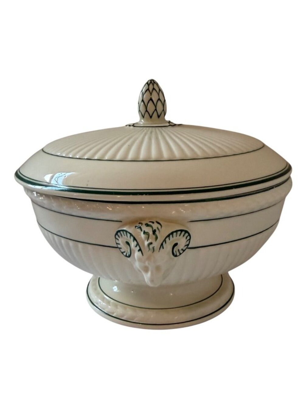 Vintage Wedgwood EDME Covered Tureen Green Trim Rams Head Handles England